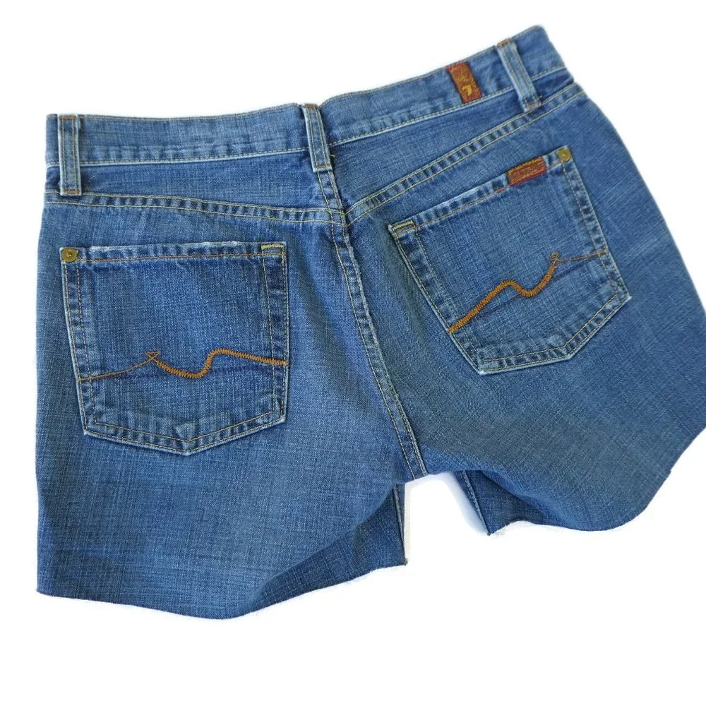 7FAM USA Cutoff Shorts Mid Rise Blue Cotton Denim 30 Waist